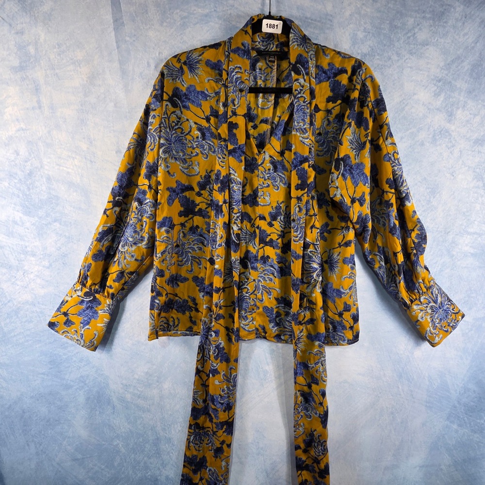 Banana Republic Mustard Yellow Blue Floral Tie Neck Blouse XS‎ Long Sleeve Cuff